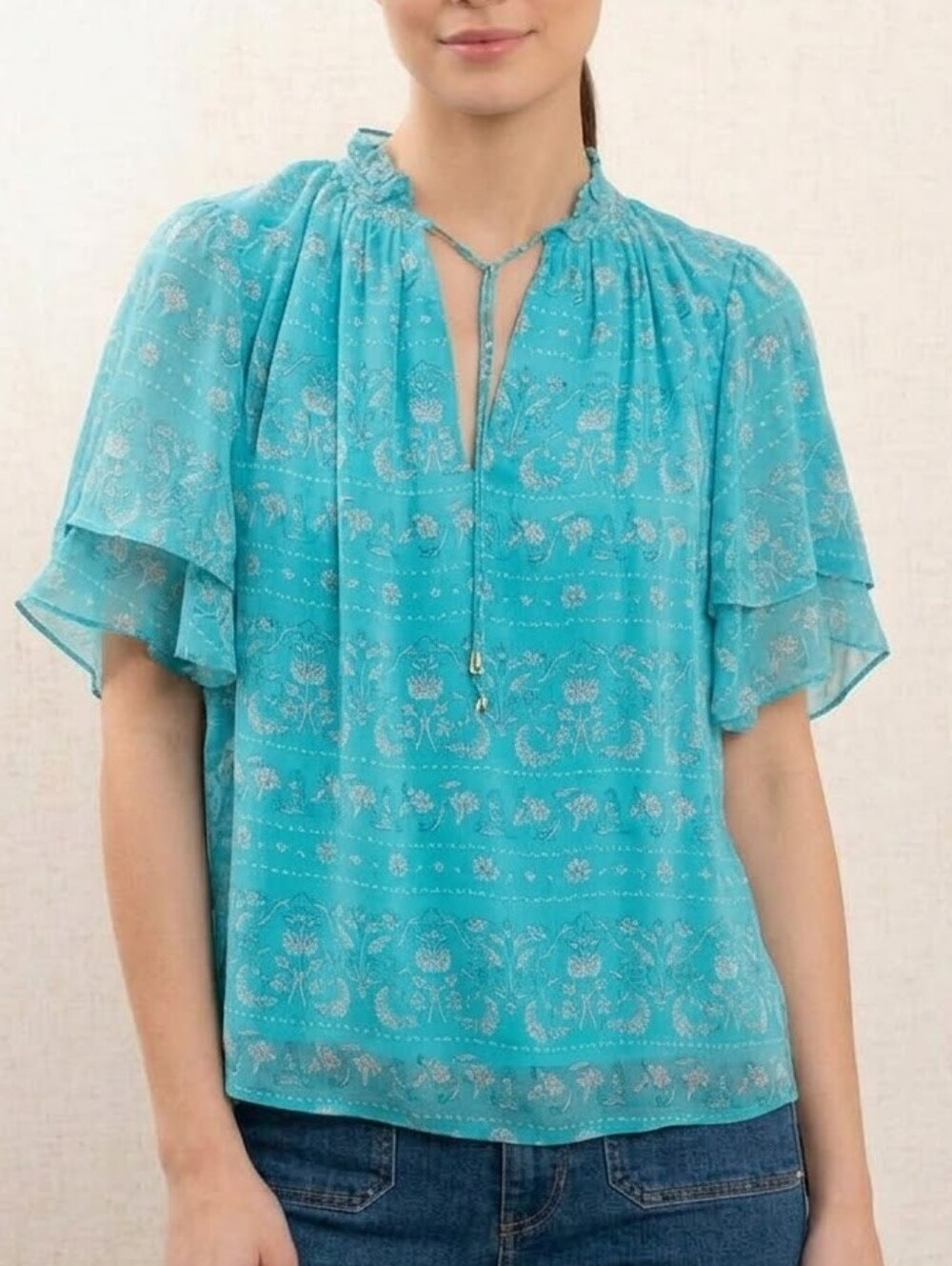 Vanessa Bruno Stelie Blouse Short Sleeve Medium Size 38 Teal Paisley Whimsical